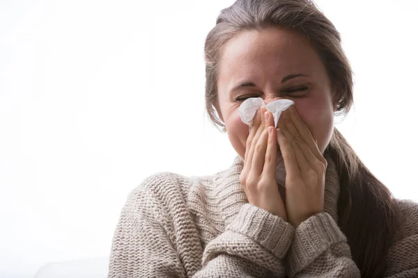 Woman Cold Blows Her Nose Sneezes Coughs Wrapped Brown Sweater — Stock Photo, Image