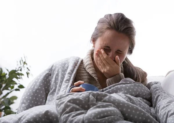 Woman Cold Blows Her Nose Sneezes Coughs Wrapped Brown Sweater — Stock Photo, Image