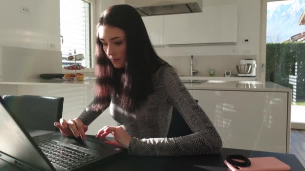 Mini Przegląd Zajętej Młodej Kobiety Skupionej Pisaniu Komputerze Własnym Domu — Wideo stockowe