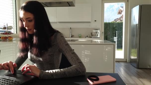 キッチンで簡単な横鍋 若い女性の入力のリビングルーム ノートパソコンの画面を見て 忙しい仕事や勉強 真剣で集中的な表現 窓からの日光 赤い高い長い黒い髪 — ストック動画