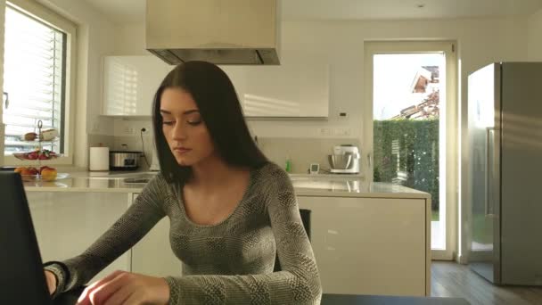 Belle Jeune Femme Avec Longs Cheveux Tapant Sur Clavier Ordinateur — Video