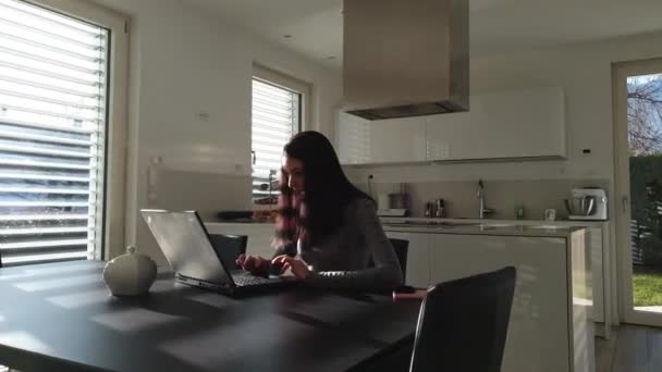 Evinde Dizüstü Bilgisayarında Genç Bir Bayana Yakınlaşmanın Dinamik Bir Sahnesi — Stok video