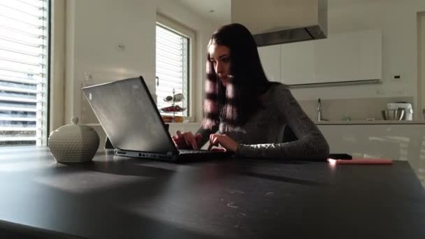 Динамічна Сцена Збільшення Молодої Жінки Ноутбуці Будинку Дівчина Красива Вчиться — стокове відео