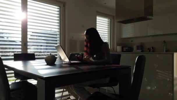 Dynamiczna Scena Zbliżania Się Młodej Kobiety Laptopie Jej Domu Dziewczyna — Wideo stockowe