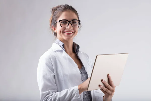 Woman Lab Coat Glasses Digital Tablet Smiling Positive News Scientific — Stock Photo, Image