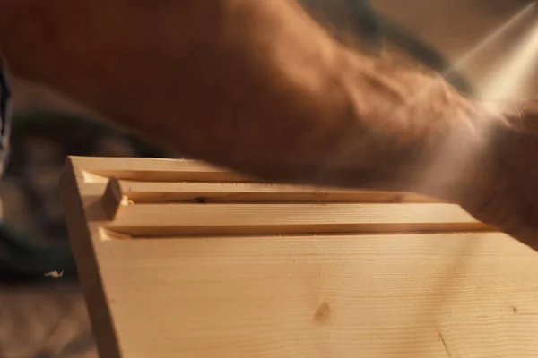 Carpenter Uses Manual Cutting Tool Chamfer Carve Edges Smoothly Removing — Stock Photo, Image