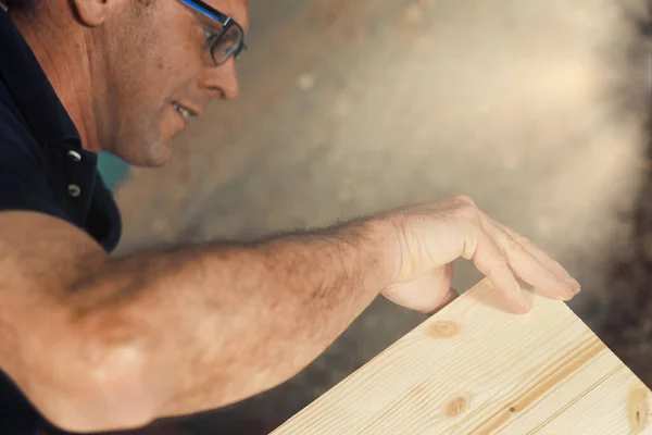 Carpenter Wearing Glasses Hard Work Assembling Furniture Piece Crafted Hand — Stock Photo, Image