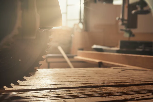 Circular Saw Stationary Carpentry Shop Sun Rays Piercing Sawmill Workshop — Stock Photo, Image