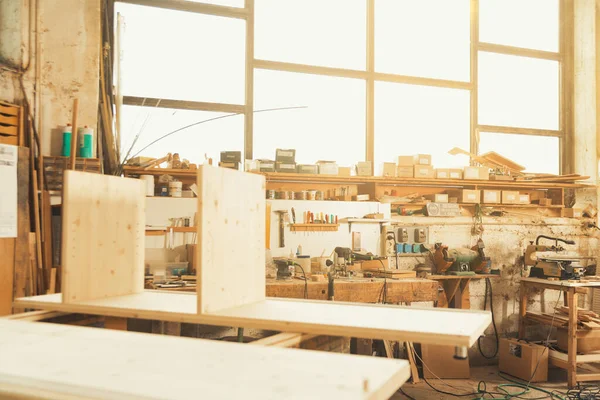 General View Carpenter Workshop Giant Window Illuminates All Creative Clutter — Stock Photo, Image