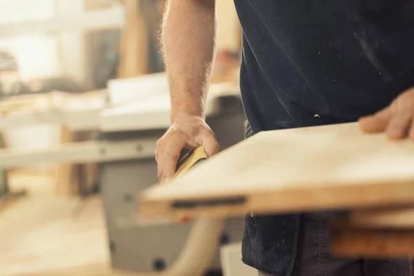 Wood Artisan Arm Holding Measuring Tape Focus Prepares Work Wood — Stock Photo, Image