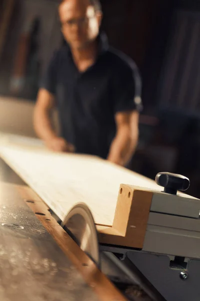 Man Works Circular Saw Could Carpenter Worker Sawmill Skills Manual — Stock Photo, Image