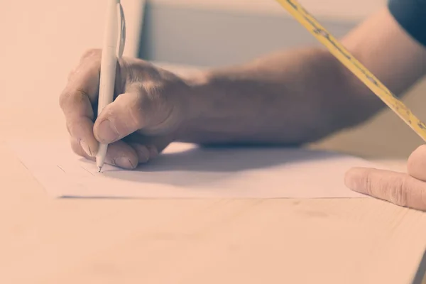 Hand Wood Craftsman Writing Ballpoint Pen Paper Resting Rough Hewn — Stock Photo, Image