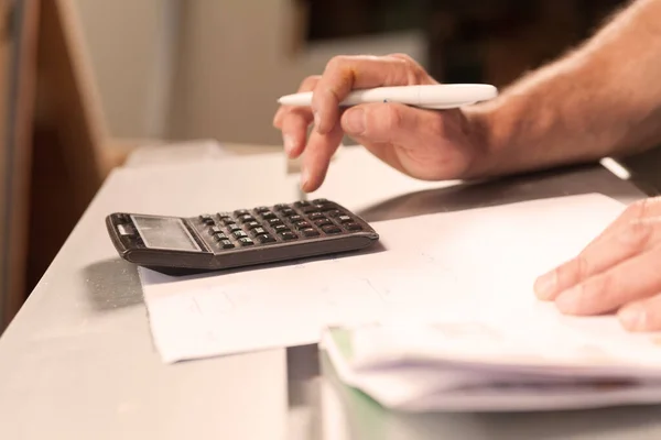 Desk Calculator Hands Worker Who Using While Holding Pen His — Stock Photo, Image