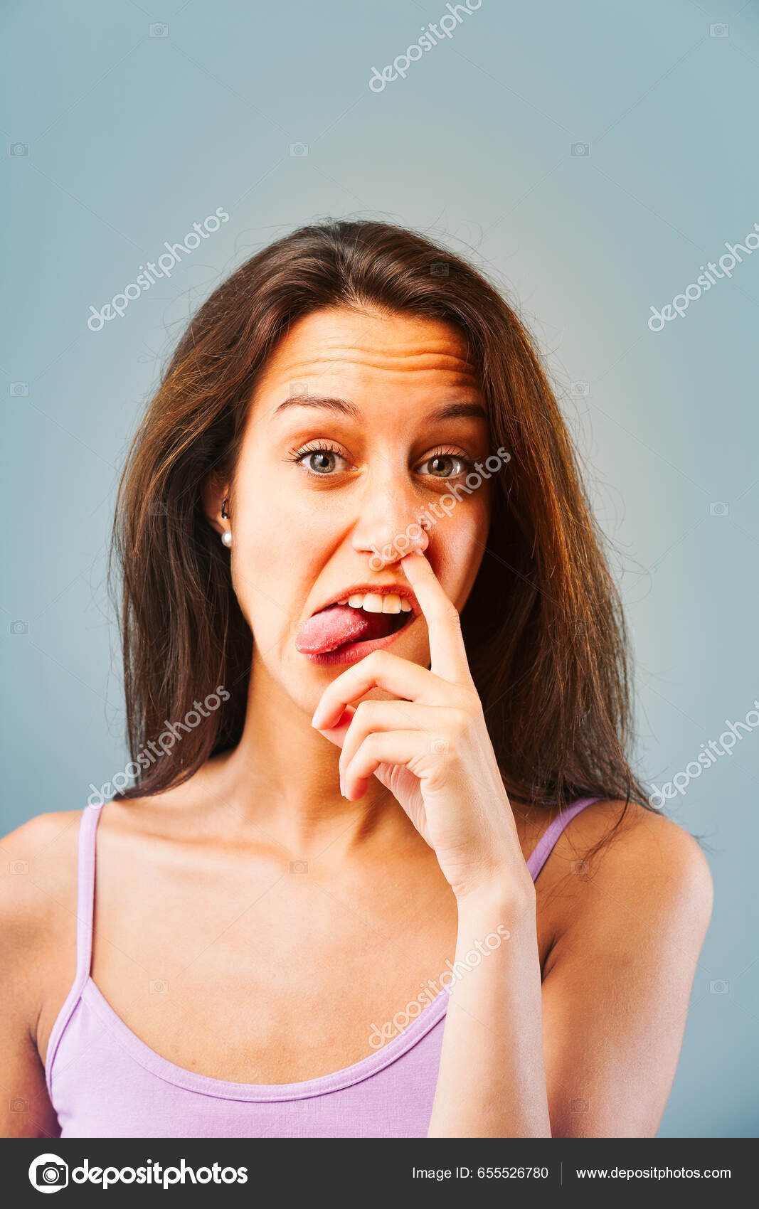 Emotional Portrait Young Woman Isolated Neutral Background Girl Puts Finger  — Stock Photo © Giulio_Fornasar #655526780