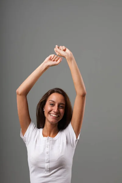 Dance Great Joy Frenzy Raised Arms Emotional Portrait Young Woman — Stock Photo, Image