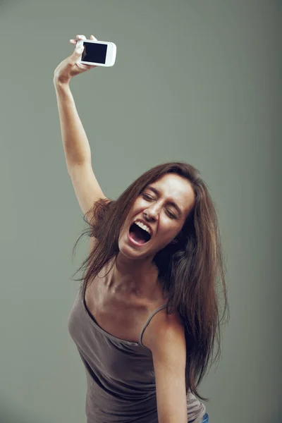 Athletic Leap Woman Throws Her Cell Phone Away Revitalized Anger — Stock Photo, Image