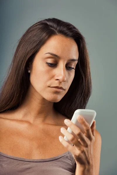 Serious Upset Woman Observing Cellphone Screen Verge Anger Restraining Fury — Stock Photo, Image