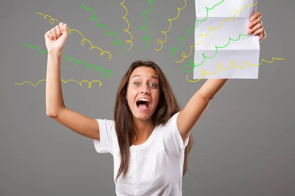 Young Woman Elated Happy Written Contents Paper She Holds Her — Stock Photo, Image