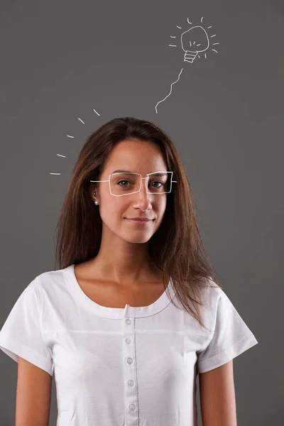 Portrait Young Woman Thinking Having Great Ideas Inventing Future Planning — Stock Photo, Image