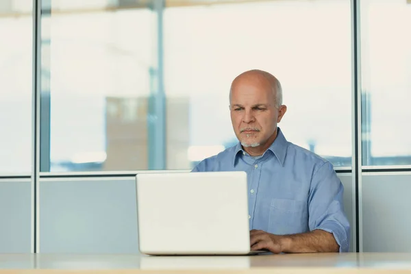 Oudere Man Gebruikt Een Laptop Een Helder Modern Bedrijfsklimaat Hij — Stockfoto