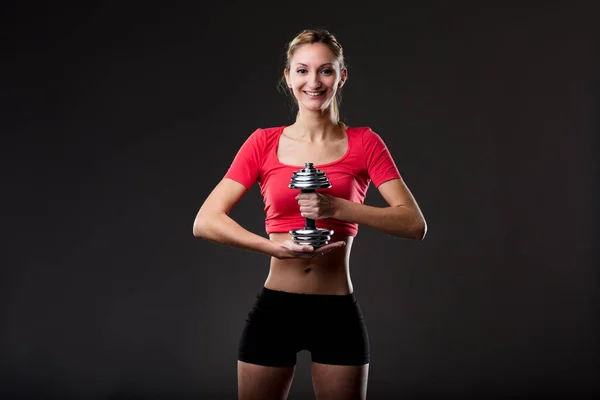 Gym Concepten Fitness Stretchen Gewicht Tillen Vrouw Houdt Trots Stalen — Stockfoto