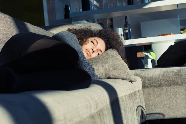 Sunlight Graces Beautiful Girl Closed Eyes Her Couch Curly Haired — Stock Photo, Image