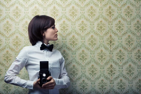 Professional Woman Twin Lens Reflex Film Camera White Shirt Black — Stock Photo, Image