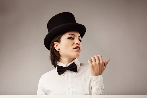 Arrogant Woman Top Hat Blowing Nail Polish Confident Captivating Yet — Stock Photo, Image