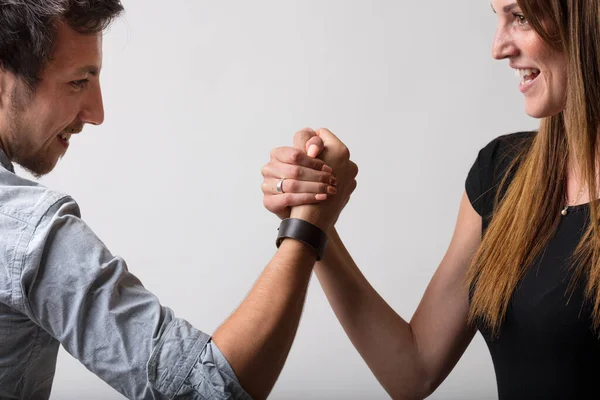 Man Woman Face Playful Defiance Challenging Each Other Arm Wrestle — Stock Photo, Image