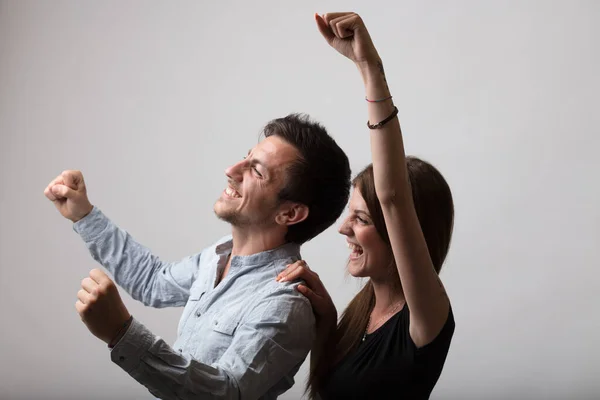 Man Woman Neutral Background Exude Joy Exultation Side Raising Arms — Stock Photo, Image