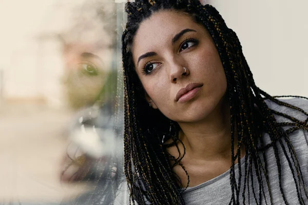 Young Woman Box Braids Window Feels Imprisoned Looking Longing While — Stock Photo, Image