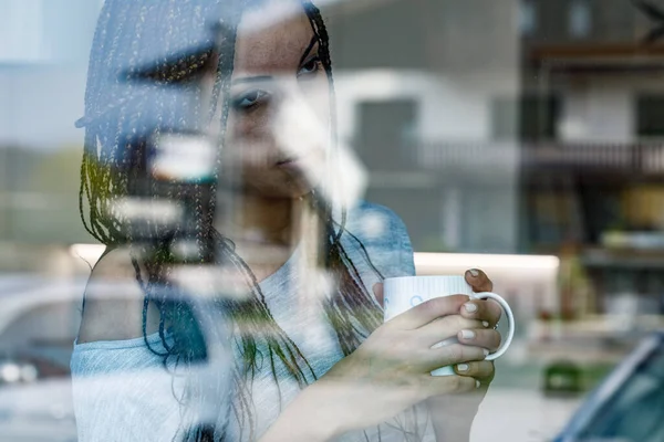 Longing Young Woman Box Braids Stares Window Feeling Imprisoned Home — Stock Photo, Image