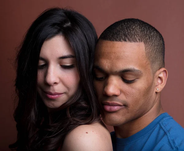 Intimate Multiethnic Couple Portrait She Fair Skinned Long Black Hair Stock Image