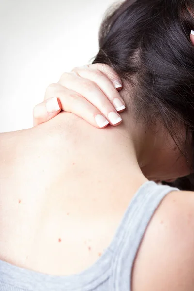 Woman Massages Neck Base Her Back Troubled Cervical Pain Exercise — Stock Photo, Image