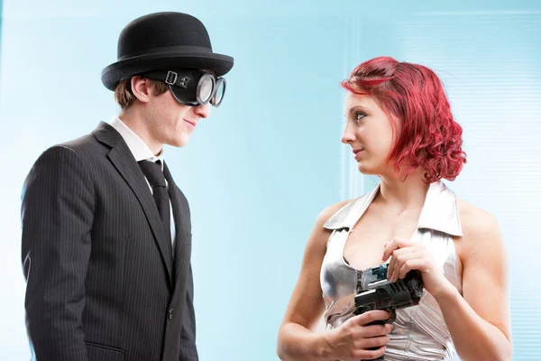 Steampunk Spies Lovers Twisted Tale Passion Duty Intense Bloody Struggle — Stock Photo, Image
