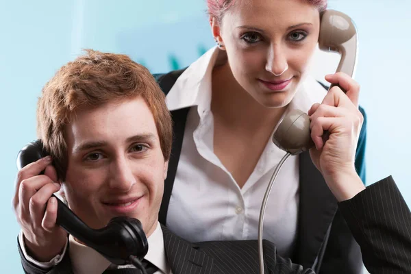 Man Woman Business Attire Manage High Stress Calls Bustling Customer — Stock Photo, Image