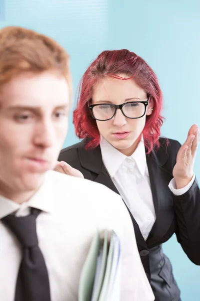 Woman Showing Inappropriate Anger Male Coworker Workplace Bullying Issue — Stock Photo, Image