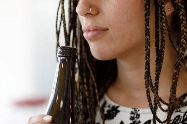 Close Woman Nose Piercing Dreadlocks Delighting Aroma Newly Uncorked Wine — Stock Photo, Image