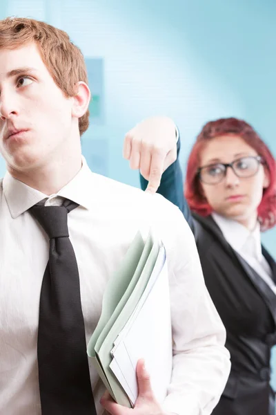 Abusive Behavior Woman Showing Uncontrolled Anger Male Colleague Unhealthy Workplace — Stock Photo, Image