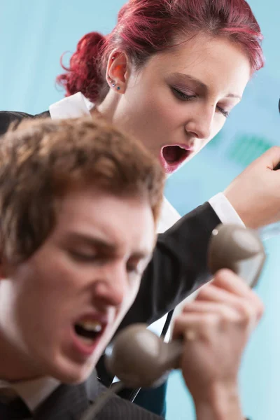 Chaos Call Center Geschultes Personal Businesskleidung Verwaltet Intensive Telefongespräche — Stockfoto