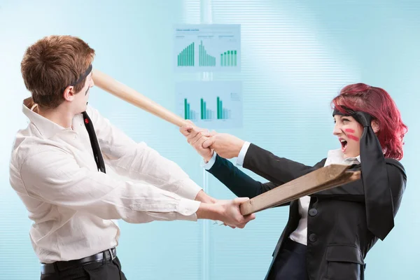 Employees Using Office Furniture Mock Battle Business Warriors Friendly Fire — Stock Photo, Image