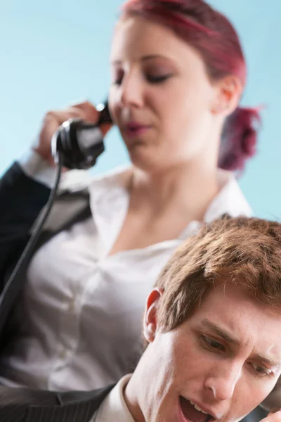 Busy Office Scene Man Woman Handling High Pressure Calls Training — Stock Photo, Image