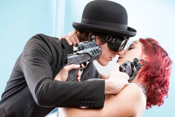 Love Passionate Duty Two Steampunk Spies Entangled Deadly Romantic Struggle — Stock Photo, Image