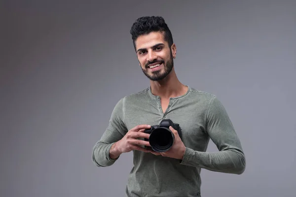 Young Attractive Man Green Shirt Holding Professional Dslr Passionate Photographer — Stock Photo, Image