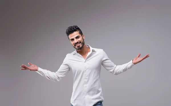 Handsome Young Man Simple White Shirt Shows Openness Satisfaction Gives — Stock Photo, Image