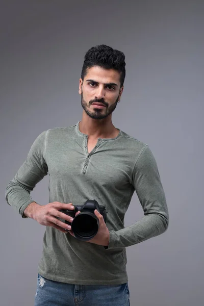 Attractive Young Man Slender Neat Green Long Sleeved Shirt Avid — Stock Photo, Image
