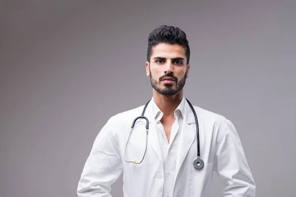 Serious Middle Eastern Doctor Dark Complexion Portrait Young Man Professionally — Stock Photo, Image