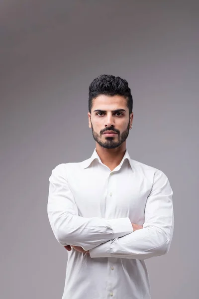 Portrait Serious Man Almost Aggressive Handsome Slim White Shirt Has — Stock Photo, Image