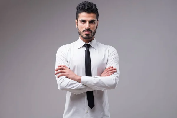 Serious Determined Businessman White Shirt Black Tie Arms Crossed Almost — Stock Photo, Image