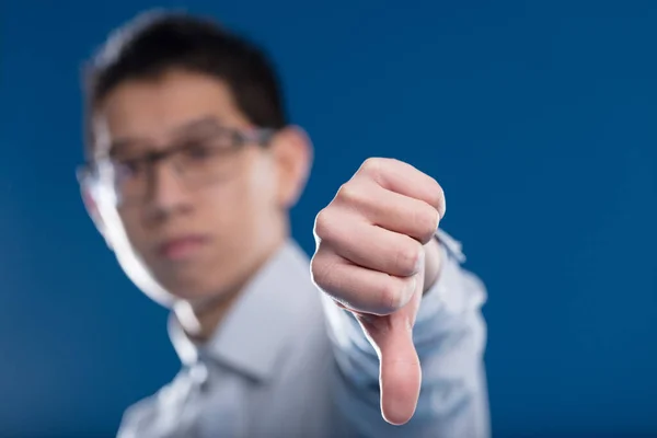 Asian Man Out Focus Disagrees Shows Clear Thumbs Foreground — Stock Photo, Image